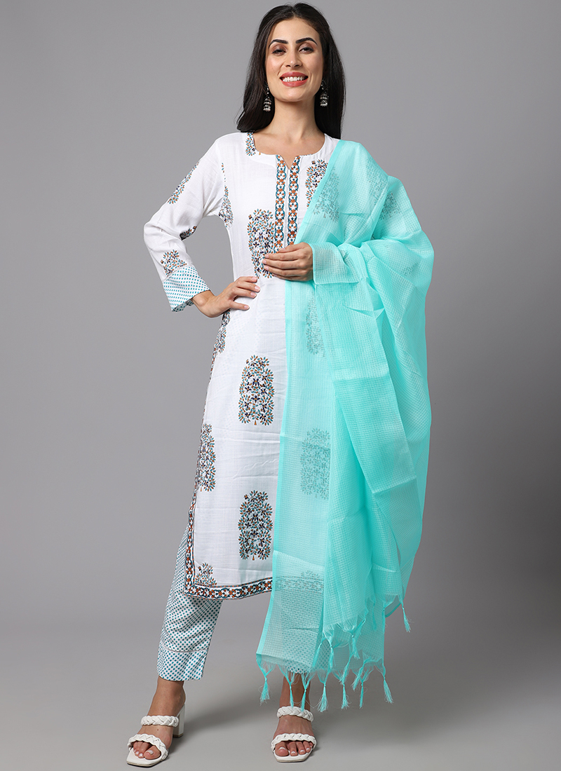 Buy Casual Wear White Printed Work Pure Cotton Readymade Salwar Suit Online From Surat Wholesale